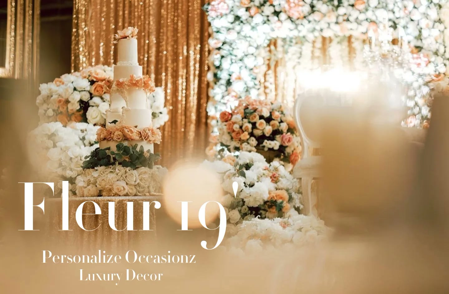 A tiered cake with peach roses against gold sequin in the Fleur 19' collection.