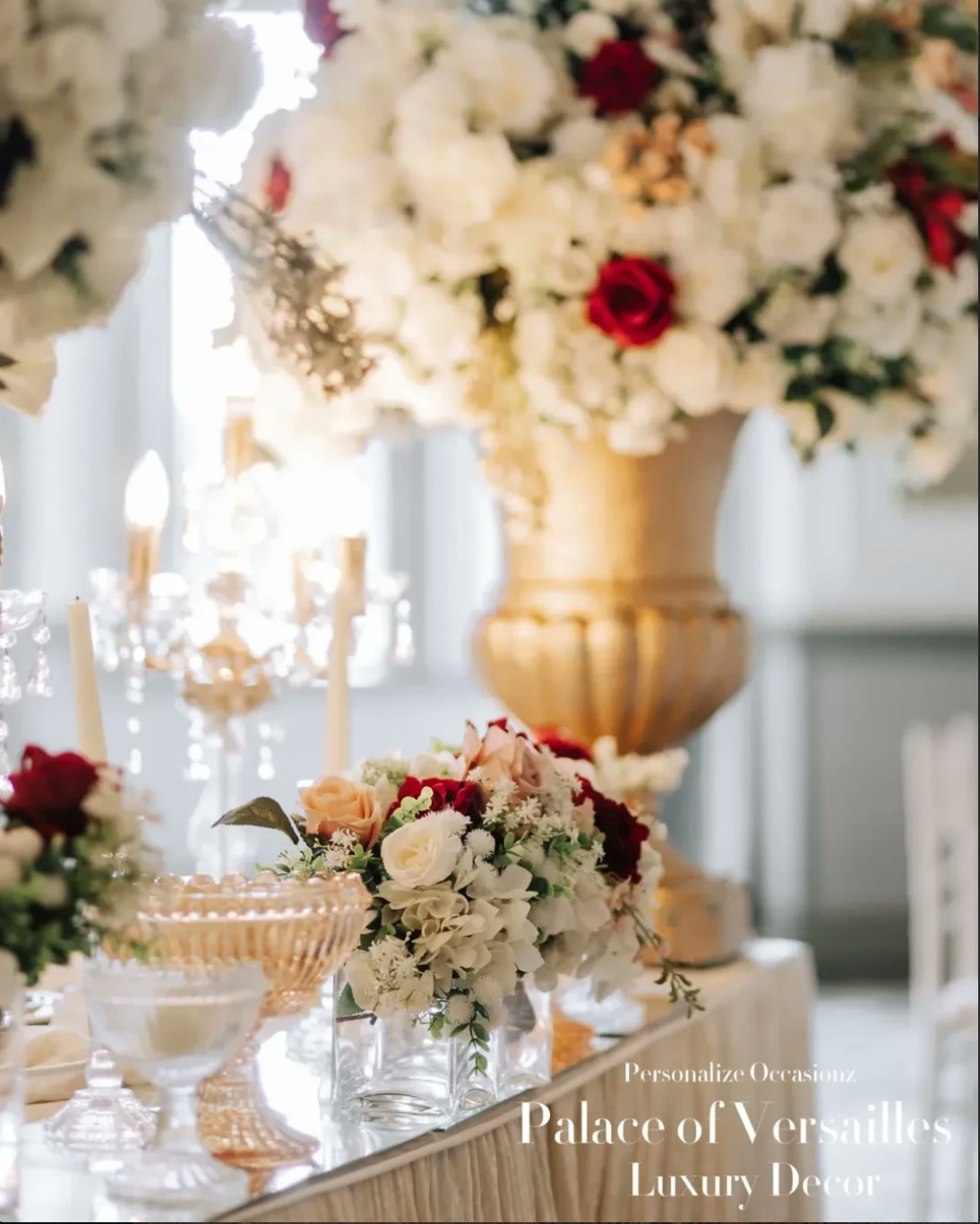 A detail of a Palace of Versailles table with roses, crystal and a gold urn.